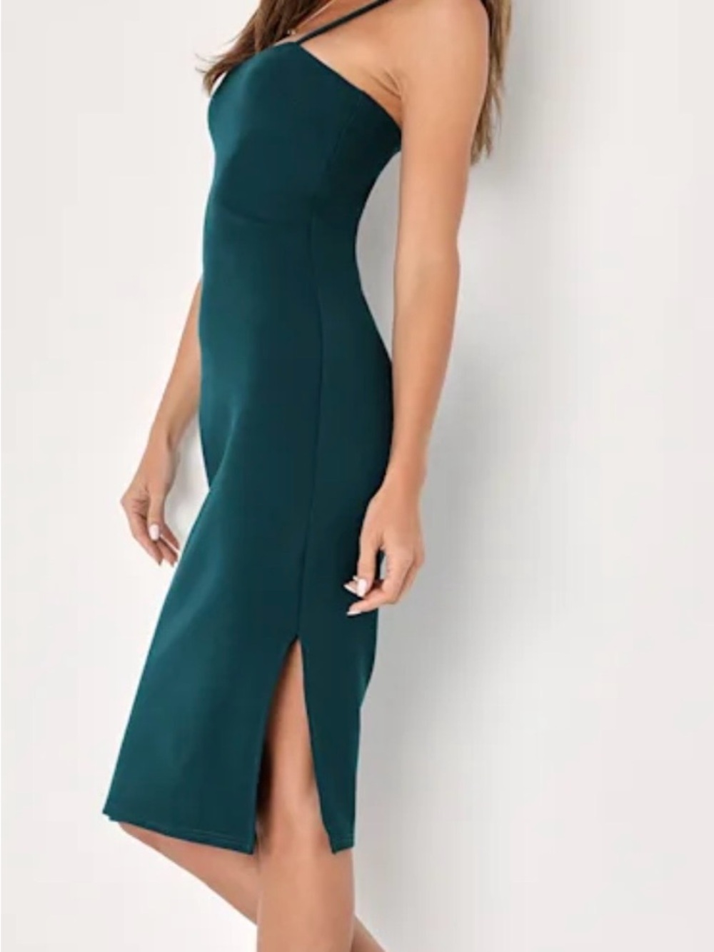 Lulu's Teal Strapless Bodycon Midi Dress with Side Slit